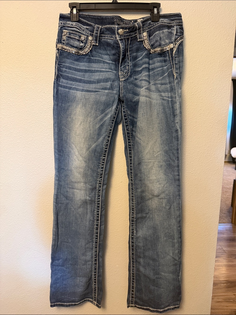 Miss Me Women's Blue Boot Cut Jeans with Faded Whisker Detail